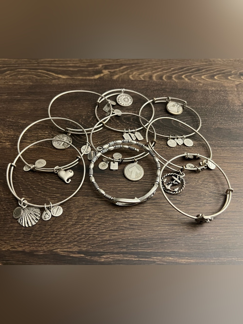 Alex and Ani Silver Tone Stackable Charm Bangle Bracelets Set of 9